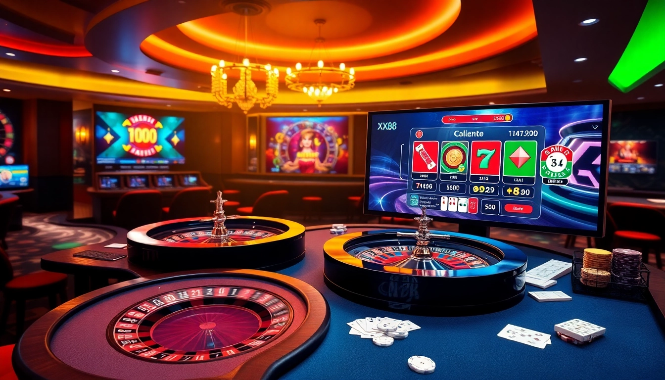 Experience the excitement of XX88 with vibrant online casino visuals featuring roulette, slots, and poker.