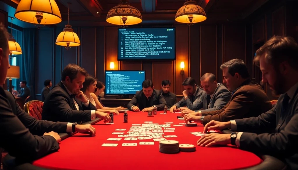 Players engaging with hidden wiki links at a high-stakes poker table, showcasing suspense.
