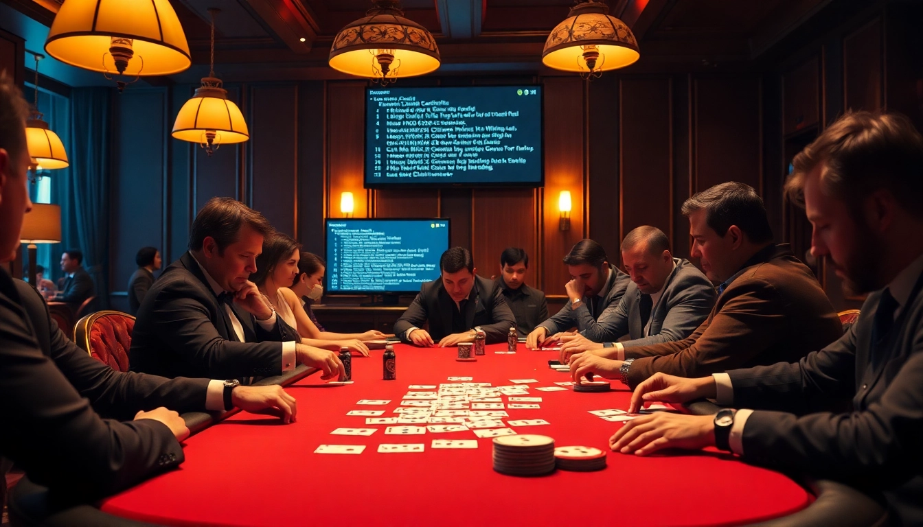Players engaging with hidden wiki links at a high-stakes poker table, showcasing suspense.