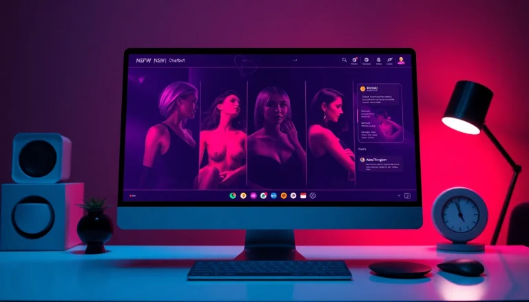 A captivating NSFW AI chatbot interface set in a modern workspace with alluring AI-generated characters.