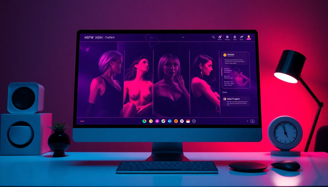 A captivating NSFW AI chatbot interface set in a modern workspace with alluring AI-generated characters.