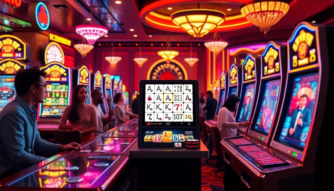 Experience the thrill of a Mahjong slot demo in a lively casino, surrounded by players and vibrant gaming elements.