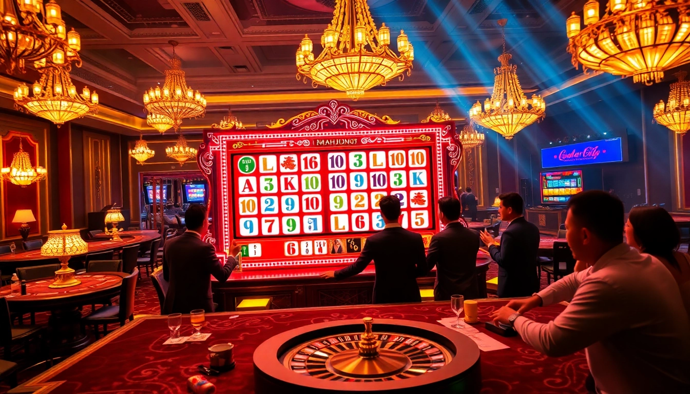 Engage in a mahjong slot demo at an opulent casino with vibrant LED lights and excited players.
