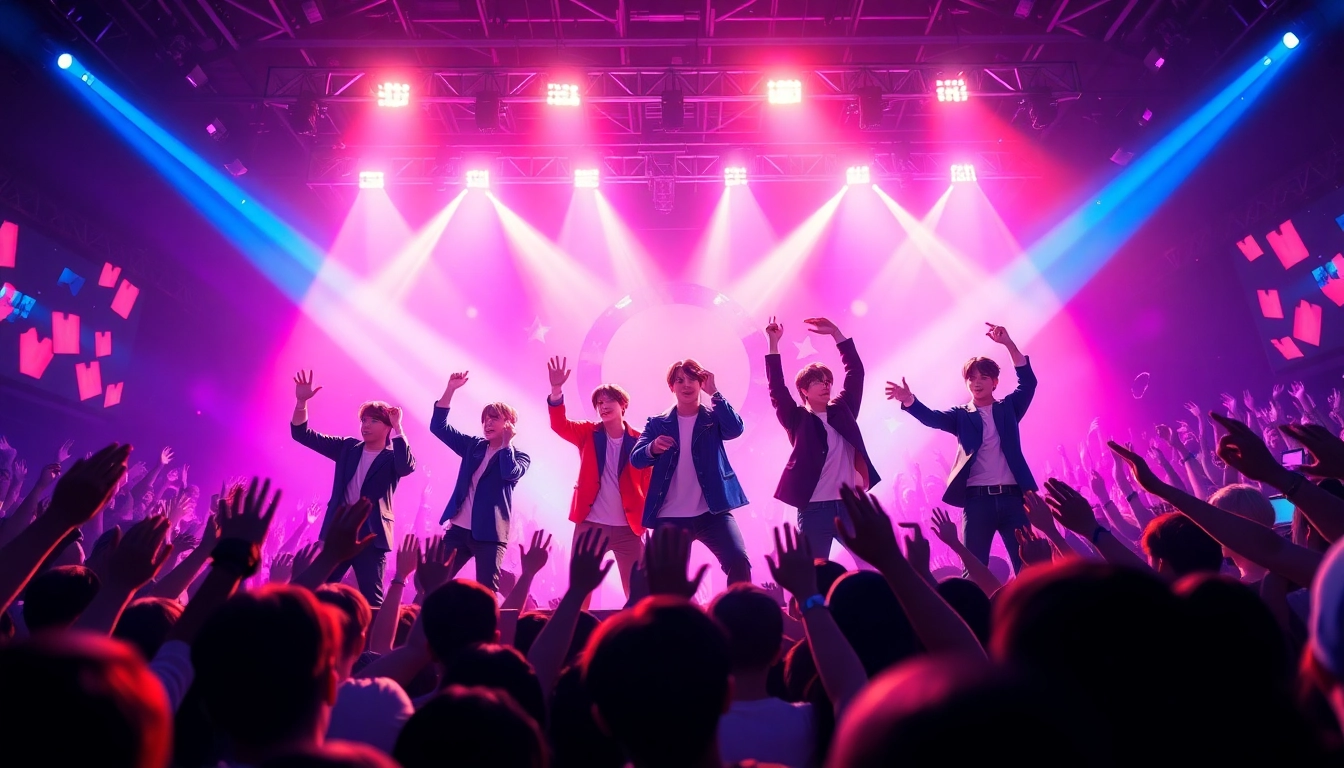 BTS news showcasing an energetic concert scene with band members performing live.