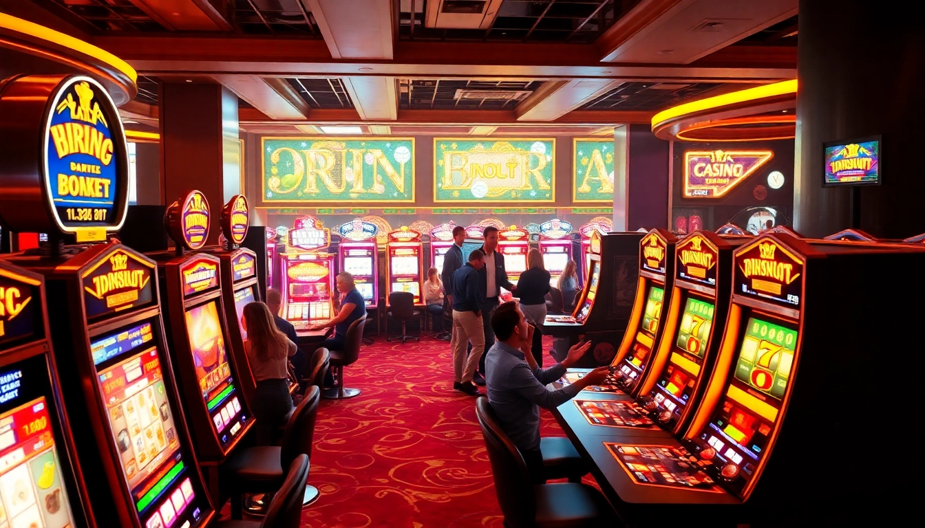 Players enjoying the idnslot experience at a vibrant casino scene full of excitement.