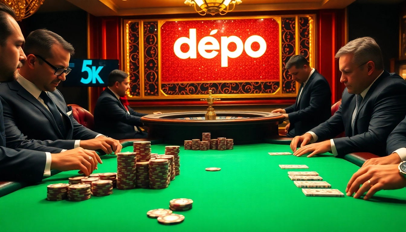 Engage in thrilling casino excitement with depo 5k poker chips and cards at a luxurious poker table.