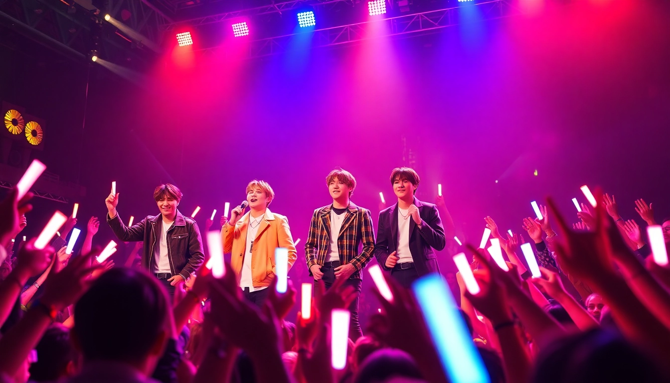 BTS news highlights an energetic live concert performance with fans cheering joyfully.