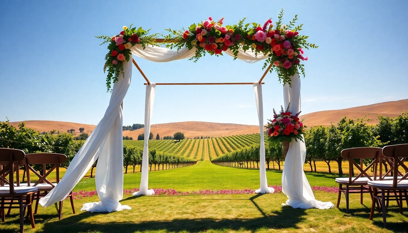 Beautifully decorated Clarksburg Wedding Venues with lush grapevines and floral arrangements.