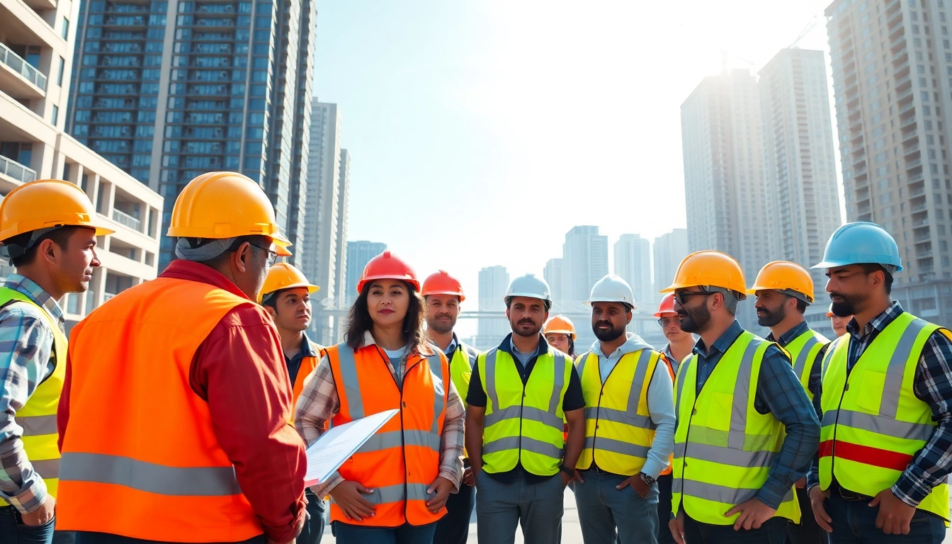 Engaged learners participating in construction safety classes outdoors in an urban environment.