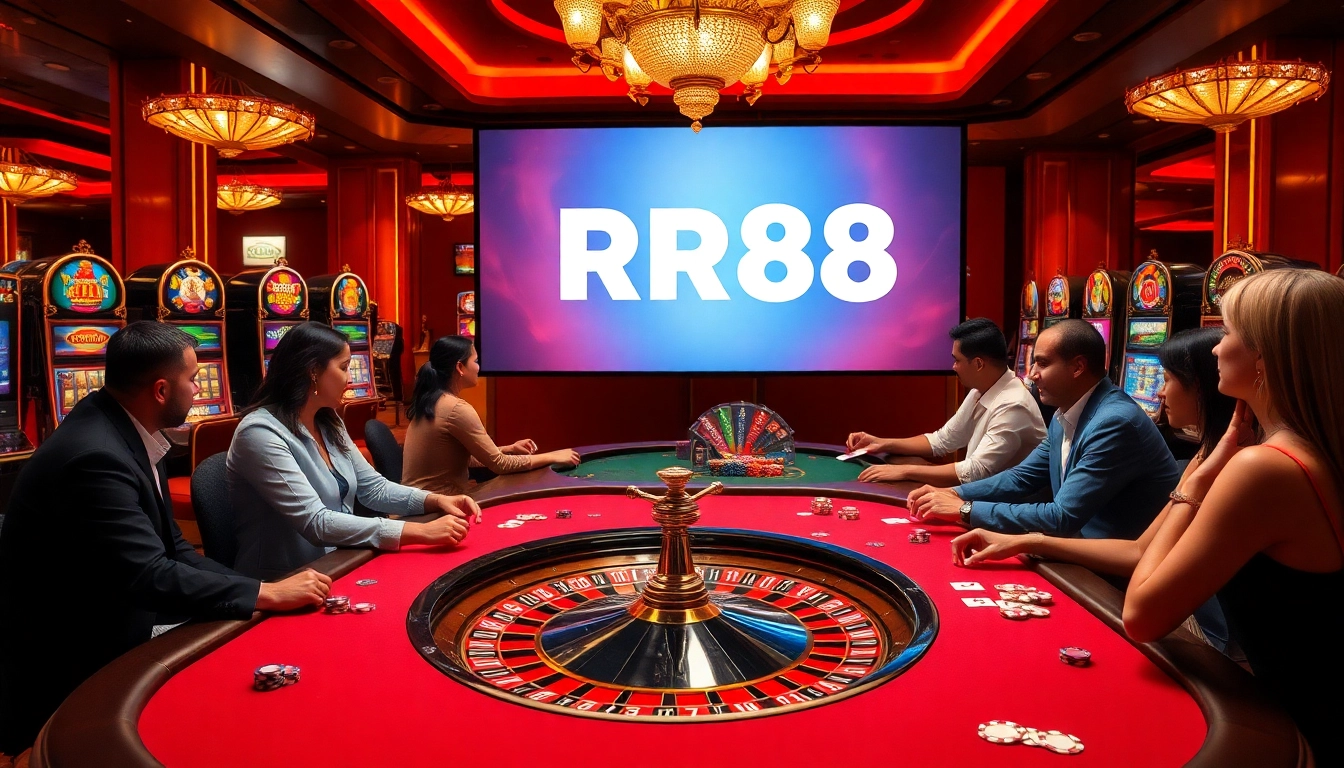 Experience the thrill of RR88 Casino with vibrant gaming scenes and lively players.