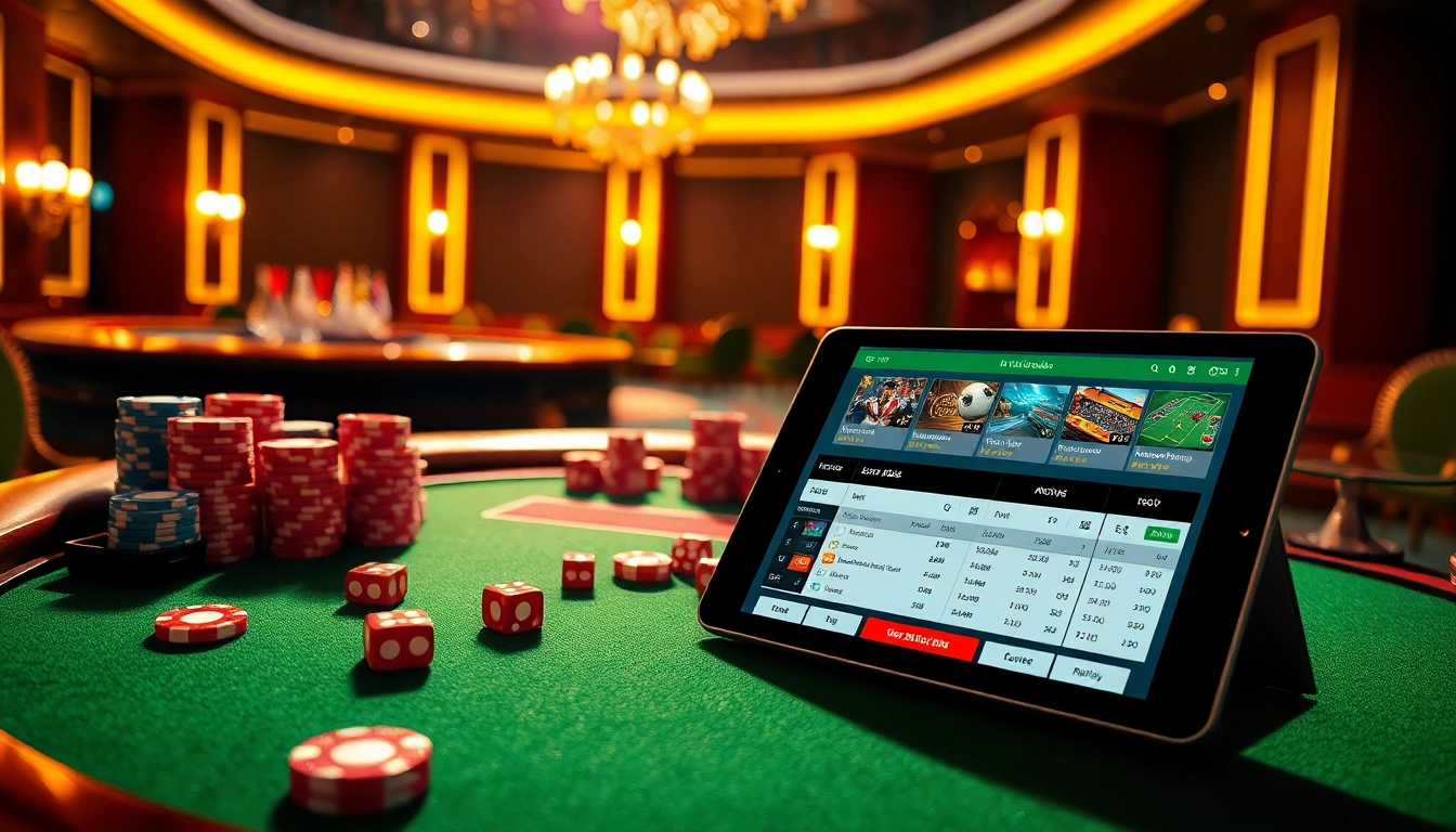 Engaging scene of online sports betting showcasing situs bola online with poker chips and betting slips.