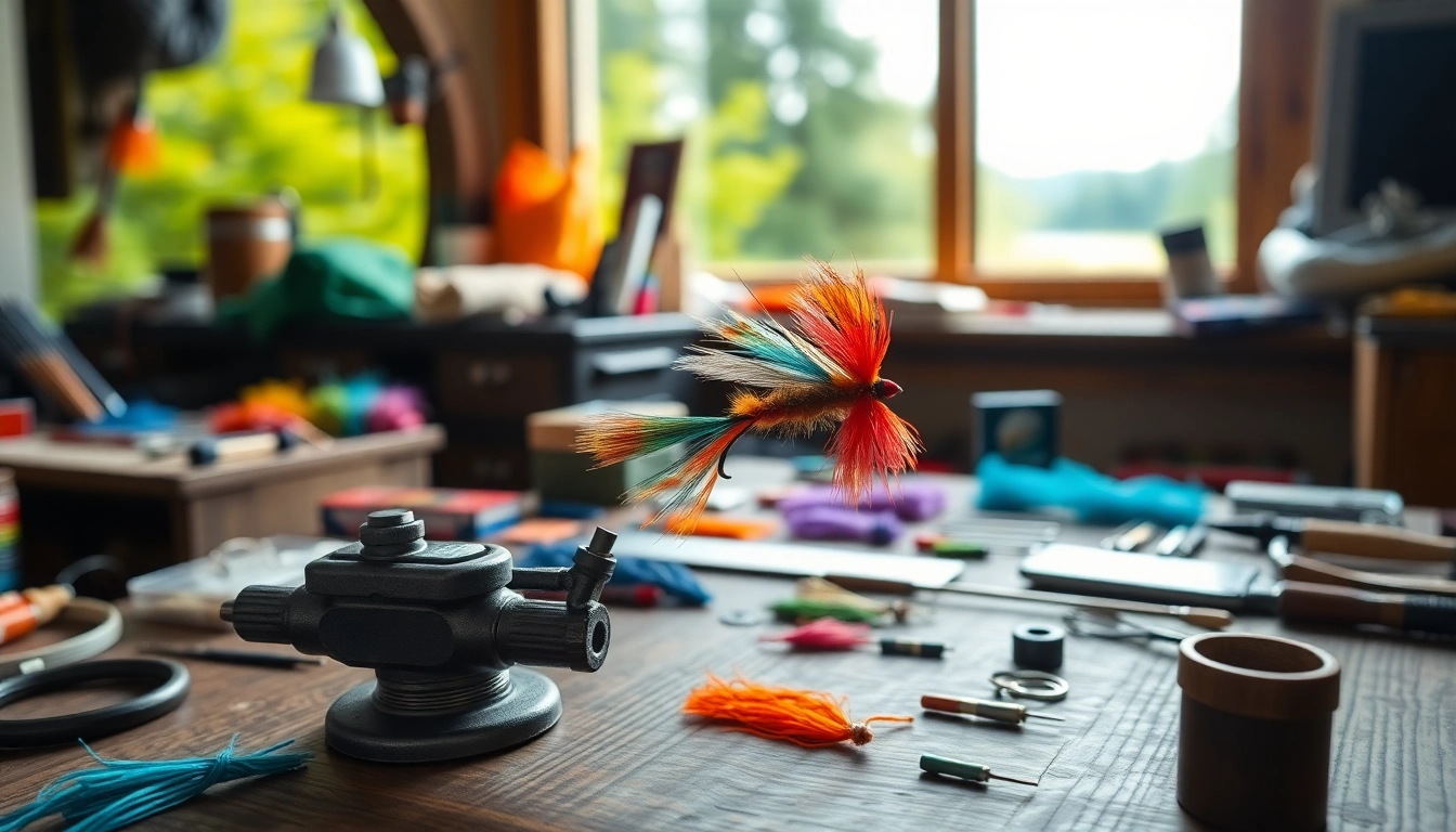 Fisherman engaged in precise fly tying with vibrant materials illustrating craftsmanship.