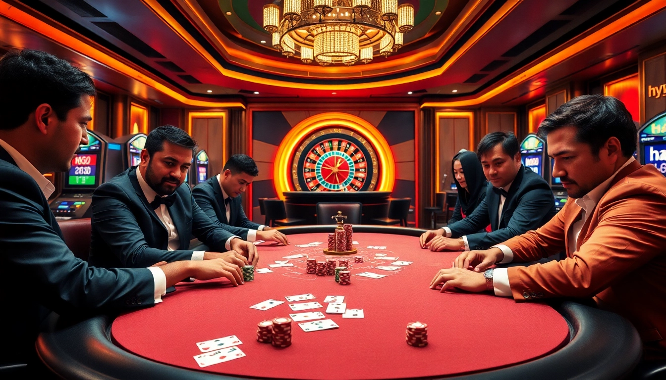 Players engage in high-stakes poker at a luxurious casino, showcasing excitement in hay888 gaming.