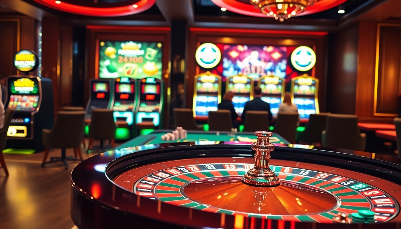 Découvrez l'excitation d'un casino en ligne fiable avec des joueurs profitant du poker et de la roulette dans un cadre de casino luxueux.