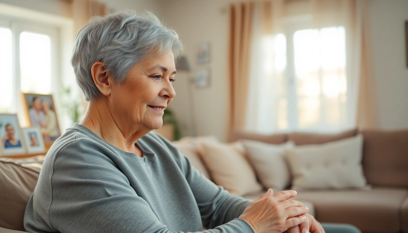 Elderly in home care near me showcasing a caregiver's compassion in a warm living room.