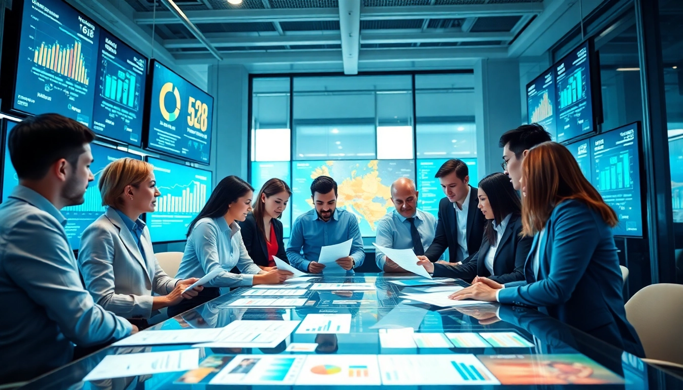 B2B competitive intelligence meeting showcasing diverse professionals analyzing data metrics.