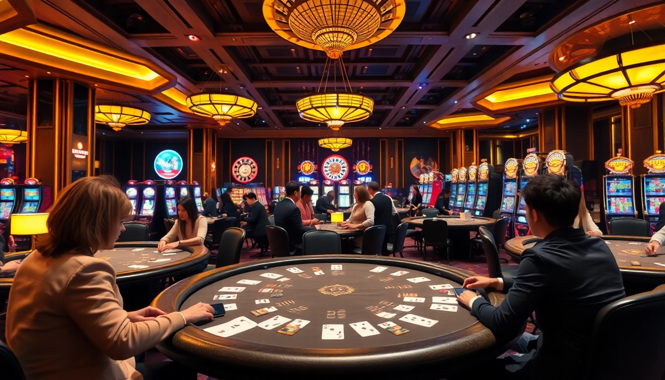 Vivez l'excitation au meilleur casino en ligne France avec une scène de casino dynamique mettant en avant le poker, la roulette et les machines à sous.
