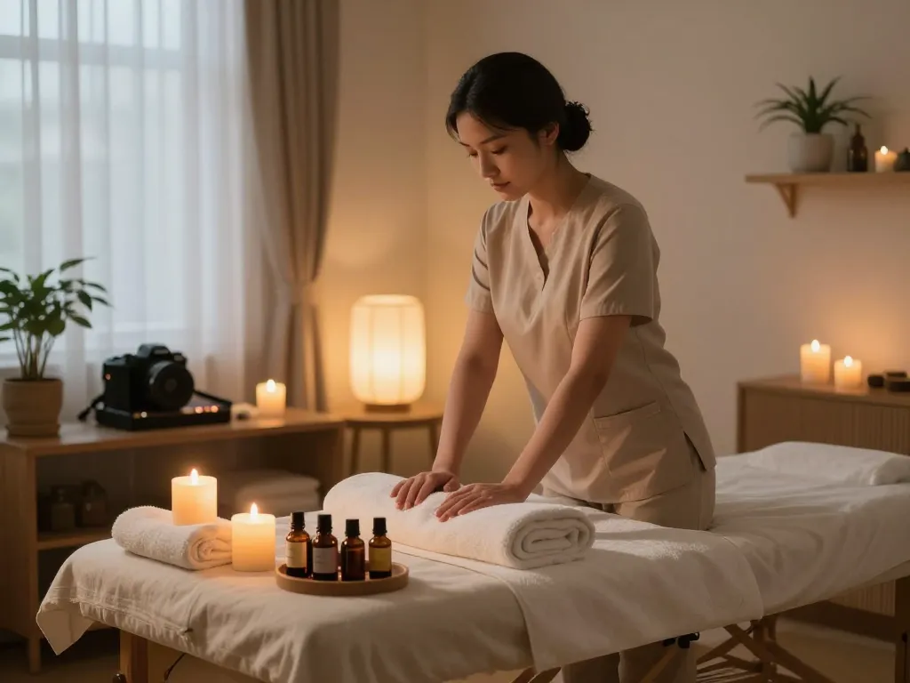 편안한 조명과 전문 치료사가 있는 가정 환경에서의 출장마사지에 대한 편안한 분위기.
