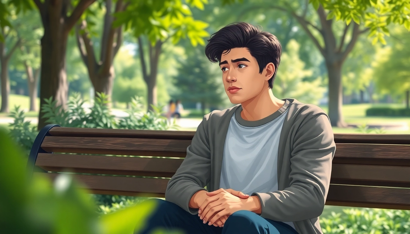 Illustration of a person reflecting on anxiety symptoms in a tranquil park setting.