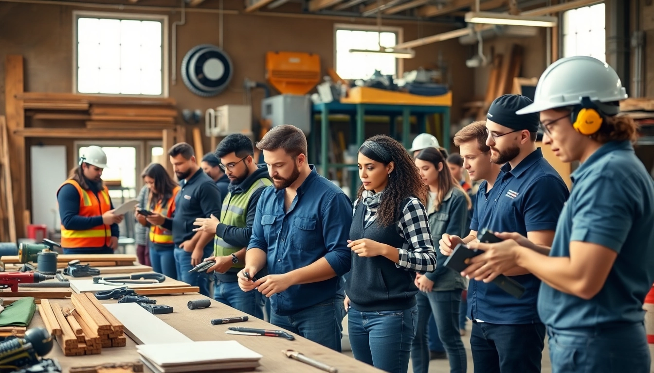 Participants actively engaged in construction training programs with tools and materials in a vibrant workshop.